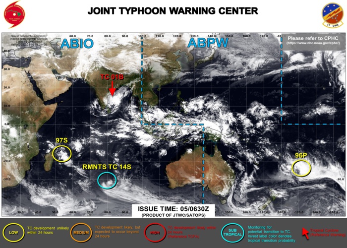 JTWC IS ISSUING 6HOURLY WARNINGS ON TC 01B. 3HOURLY SATELLITE BULLETINS ARE ISSUED ON 01B, 14S,18P AND INVEST 96P.