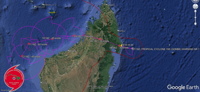 FORECAST REASONING.  SIGNIFICANT FORECAST CHANGES: THIS INITIAL PROGNOSTIC REASONING MESSAGE ESTABLISHES THE FORECAST PHILOSOPHY.  FORECAST DISCUSSION: TC GOMBE WILL MAKE LANDFALL OVER THE NEXT FEW HOURS, TRACK WEST-NORTHWESTWARD UNDER THE STEERING SUBTROPICAL RIDGE (STR), EXIT INTO THE MOZAMBIQUE CHANNEL BY 36H, DRIFT WEST-SOUTHWESTWARD, THEN SOUTHWARD BY 96H AS IT ROUNDS THE WESTERN EDGE OF THE STR AXIS. INTERACTION WITH THE RUGGED TERRAIN ACROSS NORTHERN MADAGASCAR WILL WEAKEN THE CYCLONE DOWN TO 30KTS UP TO 36H. AFTERWARD, THE WARM SST IN THE MOZAMBIQUE CHANNEL PLUS CONTINUED FAVORABLE VWS AND OUTFLOW WILL FUEL STEADY INTENSIFICATION TO A PEAK OF 65KTS/CAT 1 US BY 96H. AFTERWARD, INCREASING VWS WILL OFFSET THE OTHER DYNAMICS AND WEAKEN THE CYCLONE DOWN TO 45KTS BY 120H.