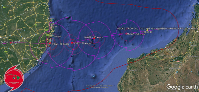 FORECAST REASONING.  SIGNIFICANT FORECAST CHANGES: THERE ARE NO SIGNIFICANT CHANGES TO THE FORECAST FROM THE PREVIOUS WARNING.  FORECAST DISCUSSION: TC GOMBE IS NOW MOVING OVER THE MOZAMBIQUE CHANNEL UNDER THE INFLUENCE OF THE SUBTROPICAL RIDGE (STR) TO THE SOUTH. TC 19S IS EXPECTED TO CONTINUE TRACKING OVER THE VERY WARM MOZAMBIQUE CHANNEL WITH FAVORABLE VWS AND RADIAL OUTFLOW. THE FAVORABLE ENVIRONMENT WILL CONTINUALLY FUEL STEADY INTENSIFICATION TO A PEAK OF 75KTS/CAT 1 US. THERE REMAINS AN EXTREME POSSIBILITY FOR RAPID INTENSIFICATION (RI) JUST BEFORE LANDFALL NEAR 48H. AFTERWARDS, INCREASING VWS AND LAND INTERACTION WILL RAPIDLY WEAKEN THE CYCLONE DOWN TO DISSIPATION BY 96H.