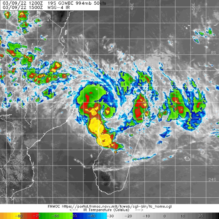 SATELLITE ANALYSIS, INITIAL POSITION AND INTENSITY DISCUSSION: ANIMATED MULTISPECTRAL SATELLITE IMAGERY (MSI) DEPICTS A MEDIUM-SIZED SYSTEM THAT IS BEGINNING TO REFORM OVER THE MOZAMBIQUE  CHANNEL.  FEEDER BANDS HAVE BECOME LARGER IN THE NORTHERN SECTOR  WITH THINNING BANDS IN THE SOUTHERN SECTOR OVER MADAGASCAR COAST.  ANALYSIS INDICATES AN IMPROVING AND FAVORABLE ENVIRONMENT WITH LOW  (10-15KT) VWS AND MODERATE RADIAL OUTFLOW, SLIGHTLY OFFSET BY  MINIMAL LAND INTERACTION WITH THE MADAGASCAR COAST. TC GOMBE IS  TRACKING SLOWLY ALONG THE NORTHERN PERIPHERY OF THE STR TO THE SOUTH.