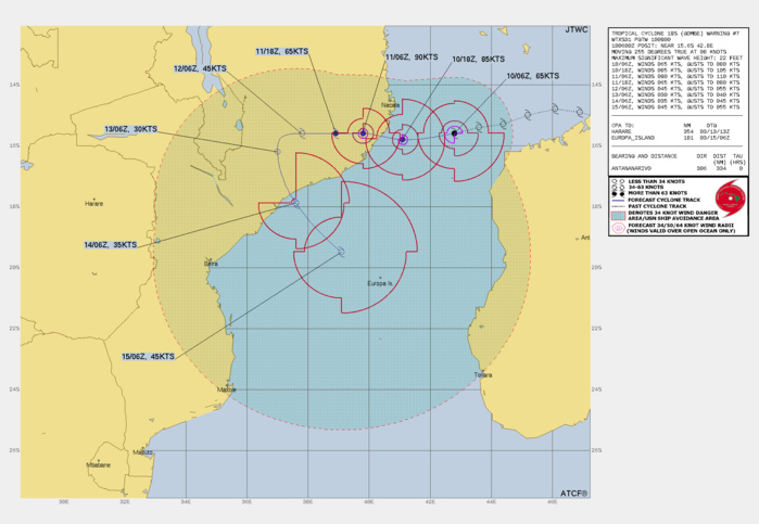 FORECAST REASONING.  SIGNIFICANT FORECAST CHANGES: THERE ARE NO SIGNIFICANT CHANGES TO THE FORECAST FROM THE PREVIOUS WARNING. HOWEVER THE FORECAST TIMELINE HAS BEEN EXTENDED TO 120 HOURS, TO CAPTURE THE RETURN OF THE SYSTEM OVER WATER AND SUBSEQUENT REINTENSIFICATION.   FORECAST DISCUSSION: TC 19S IS TRACKING WESTWARD IN A WELL-BEHAVED MANNER ALONG THE NORTHERN SIDE OF A WELL-ENTRENCHED AND STRONG DEEP-LAYER SUBTROPICAL RIDGE (STR) TO THE SOUTH. NO SIGNIFICANT CHANGE IS EXPECTED IN THIS GENERAL MOTION THROUGH 48H, THOUGH THE SYSTEM IS FORECAST TO SLOW DOWN AS IT MAKES LANDFALL AROUND 18H AND MOVES INLAND OVER MOZAMBIQUE. CONDITIONS ARE HIGHLY FAVORABLE WITH LOW VWS, WARM SSTS AND ROBUST RADIAL OUTFLOW, AND SUPPORT RAPID INTENSIFICATION PRIOR TO LANDFALL. WITH THE FORECAST POINTS FALLING ON EITHER SIDE OF LANDFALL, THE PEAK INTENSITY IS NOT CAPTURED IN THE FORECAST TRACK ITSELF, AND THE PEAK INTENSITY IS PREDICTED TO OCCUR JUST PRIOR TO LANDFALL, NEAR 18H, AT 100-105 KNOTS/CAT 3 US. AFTER MOVING INLAND AND RAPIDLY WEAKENING, TC 19S WILL SLOW TO A CRAWL AS THE STEERING RIDGE WEAKENS AND MOVES EAST RESULTING IN A WEAK STEERING ENVIRONMENT. THE STALLING OF THE SYSTEM WILL LIKELY BRING SIGNIFICANT AND DESTRUCTIVE FLOODING TO CENTRAL MOZAMBIQUE. THE APPROACH OF A MID-LATITUDE TROUGH FROM THE WEST WILL QUICKLY ERODE THE RIDGE FROM THE WEST, BUT SIMULTANEOUSLY THE RIDGE WILL REORIENT TO A NORTH-SOUTH AXIS AND IN RESPONSE, THE REMNANTS OF TC 19S WILL TURN SHARPLY SOUTHWARD BY 72H. THE SYSTEM IS FORECAST TO WEAKEN TO 30 KNOTS, AND POTENTIALLY SLIGHTLY LESS BY 72H. HOWEVER, IT HAS BECOME INCREASINGLY LIKELY THAT THE REMNANTS WILL EMERGE BACK OVER THE MOZAMBIQUE CHANNEL BY 96H, WHERE THE FAVORABLE ENVIRONMENTAL CONDITIONS WILL SUPPORT REINTENSIFICATION TO AT LEAST 45 KNOTS BY 120H.