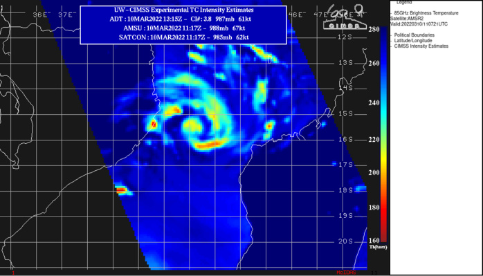 101105Z AMSR2 PASS SHOWED WELL DEFINED, VERTICALLY STACKED MICROWAVE EYE FEATURES IN BOTH THE 37GHZ AND 89GHZ BANDS WITH DEEP CONVECTIVE BANDS WRAPPING IN THE FROM THE NORTH AND WEAKER, MORE ILL-DEFINED BANDING TO THE SOUTH. THE MICROWAVE IMAGERY SUGGESTS A COMPLETE EYEWALL, PARTICULARLY IN THE 36GHZ BAND, BUT WEAKER ON THE SOUTHWEST SIDE.THE MAXIMUM WIND OF 74 KNOTS WAS SEEN IN THE AMSR2 WINDSPEED PRODUCT.