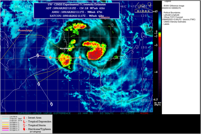 SATELLITE ANALYSIS, INITIAL POSITION AND INTENSITY DISCUSSION: ANIMATED ENHANCED INFRARED (EIR) SATELLITE IMAGERY SHOWS THAT THE SYSTEM CONTINUES TO CONSOLIDATE AND STRENGTHEN, BUT YET UNABLE TO SUSTAIN AN EYE IN THE EIR OR VISIBLE IMAGERY. A FORTUITOUS 101105Z AMSR2 PASS SHOWED WELL DEFINED, VERTICALLY STACKED MICROWAVE EYE FEATURES IN BOTH THE 37GHZ AND 89GHZ BANDS WITH DEEP CONVECTIVE BANDS WRAPPING IN THE FROM THE NORTH AND WEAKER, MORE ILL-DEFINED BANDING TO THE SOUTH. THE MICROWAVE IMAGERY SUGGESTS A COMPLETE EYEWALL, PARTICULARLY IN THE 36GHZ BAND, BUT WEAKER ON THE SOUTHWEST SIDE. THE HIGH RESOLUTION HWRF SHOWS A POCKET OF RELATIVELY DRIER AIR ON THE SOUTHERN SIDE OF THE EYE, AND THE MICROWAVE IMAGERY SEEMS TO CONFIRM THIS. THE PRESENCE OF THIS DRY AIR IS LIKELY ONE FACTOR KEEPING A LID ON THE INTENSIFICATION RATE OF THIS SYSTEM AT PRESENT. THE INITIAL POSITION IS ASSESSED WITH HIGH CONFIDENCE BASED ON AN EXTRAPOLATION OF THE MICROWAVE EYE IN THE AMSR2 DATA. THE INITIAL CONFIDENCE IS ASSESSED WITH HIGH CONFIDENCE AS WELL, IN LINE WITH THE T4.5 DVORAK CURRENT INTENSITY ESTIMATES FROM BOTH PGTW AND FMEE, AS WELL AS AN AIDT ESTIMATE OF 74 KNOTS (WELL ABOVE THE ADT ESTIMATE IN THIS INSTANCE) AND THE MAXIMUM WIND OF 74 KNOTS SEEN IN THE AMSR2 WINDSPEED PRODUCT.