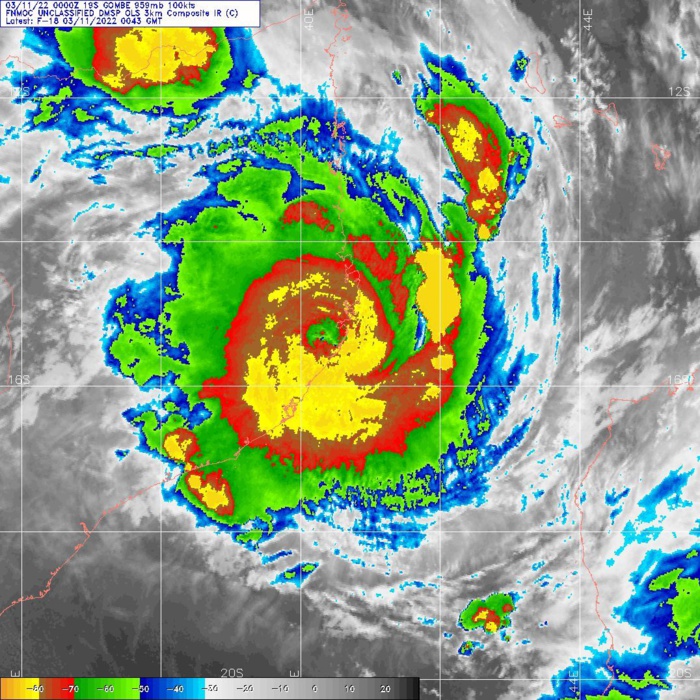 SATELLITE ANALYSIS, INITIAL POSITION AND INTENSITY DISCUSSION: ANIMATED ENHANCED INFRARED (EIR) SATELLITE IMAGERY DEPICTS FORMATION OF A 40 KM EYE SURROUNDED BY INTENSE, DEEP CONVECTIVE BANDING. THE SYSTEM HAS TRACKED A BIT FARTHER EQUATORWARD THAN PREVIOUSLY PREDICTED, AND IS QUICKLY APPROACHING LANDFALL SOUTH OF NACALA, MOZAMBIQUE. THE INITIAL POSITION IS PLACED WITH HIGH CONFIDENCE BASED ON PGTW AND FMEE SATELLITE EYE FIXES. THE INTENSITY IS CONSISTENT WITH DVORAK INTENSITY ESTIMATES FROM THE SAME REPORTING AGENCIES, AS WELL AS CIMSS AIDT VALUES AROUND 100 KNOTS/CAT 3 US.