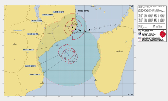 FORECAST REASONING.  SIGNIFICANT FORECAST CHANGES: THERE ARE NO SIGNIFICANT CHANGES TO THE FORECAST FROM THE PREVIOUS WARNING, HOWEVER THE FORECAST FREQUENCY HAS BEEN SHIFTED TO 12-HOURLY.  FORECAST DISCUSSION: WHILE THE GENERAL TRACK OF TC 19S HAS BEEN TOWARDS THE WEST-NORTHWEST, IT APPEARS TO HAVE TAKEN A BIT OF MORE NORTHWESTWARD TRACK IN THE SIX HOURS SINCE LANDFALL. BUT THE OVERALL STEERING MECHANISM, THE STRONG SUBTROPICAL RIDGE (STR) TO THE SOUTH, REMAINS UNCHANGED AT THIS TIME AND THE SYSTEM IS  FORECAST TO TURN ONTO A MORE WESTWARD TRACK IN THE NEAR-TERM EXTENDING THROUGH 36H. BY 36H THE SYSTEM WILL SLOW DOWN AS IT MOVES INTO A  COMPLEX UPPER-LEVEL STEERING PATTERN WITH A NEAR-EQUATORIAL RIDGE (NER) TO THE NORTHEAST COMPETING WITH THE STR TO THE SOUTH. BY 48H A BUILDING NORTH-SOUTH ORIENTED RIDGE WILL BECOME THE DOMINANT STEERING MECHANISM AND THE REMNANTS OF TC 19S WILL TURN SHARPLY SOUTH-SOUTHEASTWARD WHILST ACCELERATING TOWARDS THE COASTLINE. THE SYSTEM IS EXPECTED TO REEMERGE OVER WATER SHORTLY BEFORE 72H, AND EVENTUALLY WILL SLOW AND TURN SOUTHWARD BY 120H AS IT ONCE AGAIN ENCOUNTERS A WEAK STEERING PATTERN. NOW THAT THE SYSTEM IS OVER LAND IT IS EXPECTED TO RAPIDLY WEAKEN, DOWN TO 30 KNOTS BY  36H. THE ENVIRONMENT IS FORECAST TO REMAIN VERY MOIST EVEN WHILE OVER LAND, WITH MODERATE LEVELS OF OUTFLOW ALOFT, WHICH WILL ENCOURAGE CONTINUED THUNDERSTORM ACTIVITY AND HEAVY RAINFALL FOR THE DURATION OF THE SYSTEM BEING OVER LAND. THE REMAINS OF TC 19S ARE EXPECTED TO REEMERGE OVER THE MOZAMBIQUE CHANNEL BY 72H, ENCOUNTER WARM SSTS, LOW VWS AND STRONG POLEWARD OUTFLOW INTO THE BASE OF A MID-LATITUDE TROUGH, AND WILL QUICKLY RECONSOLIDATE AND INTENSIFY TO A PEAK OF 50 KNOTS BY 120H. THERE REMAINS A SMALL POSSIBILITY THAT THE SYSTEM WILL TRACK FURTHER INLAND AND DISSIPATE FULLY, BUT THIS SCENARIO IS ASSESSED AS UNLIKELY AT THIS TIME.