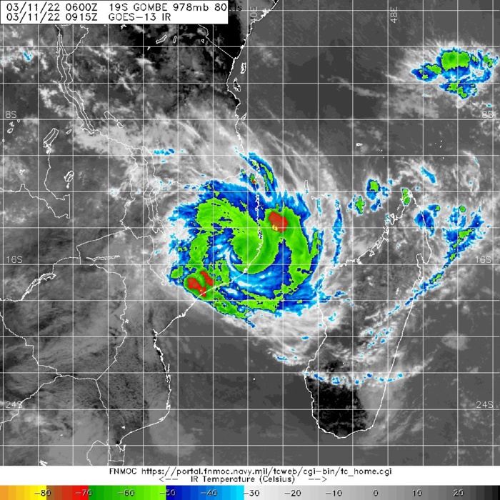 SATELLITE ANALYSIS, INITIAL POSITION AND INTENSITY DISCUSSION: TC 19S MADE LANDFALL ALONG THE COAST OF MOZAMBIQUE AROUND THE 110000Z HOUR, JUST SOUTH OF NACALA. A RAGGED EYE HAD FORMED JUST PRIOR TO LANDFALL BUT SUBSEQUENT ANIMATED MULTISPECTRAL SATELLITE IMAGERY DEPICTS A RAPID DETERIORATION AND DISAPPEARANCE OF THE EYE STRUCTURE, AND WARMING CLOUD TOP TEMPERATURES. A 110219Z SSMIS 91GHZ MICROWAVE IMAGE SHOWED A VERY WELL DEFINED MICROWAVE EYE FEATURE WITH A STRONG EYEWALL IN ALL QUADRANTS EXCEPT THE WESTERN SIDE, WHICH WAS ERODED DUE TO LAND INTERACTION. THE INITIAL POSITION IS ASSESSED IS BASED ON THE CENTER FIXES FROM PGTW AND FMEE, WITH MEDIUM CONFIDENCE DUE TO THE LACK OF AN EYE FEATURE. THE INITIAL INTENSITY OF 80 KNOTS/CAT 1 US IS ASSESSED WITH LOW CONFIDENCE DUE TO THE LACK OF OVER LAND SATELLITE INTENSITY ESTIMATES AND IS BASED PRIMARILY ON A STANDARD RATE OF OVER LAND WEAKENING.