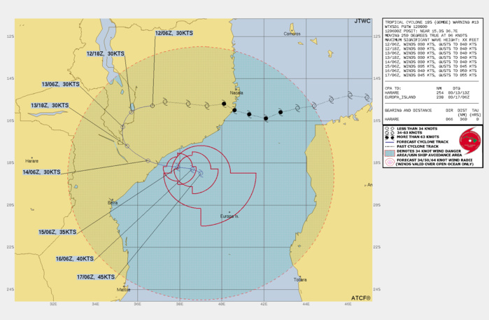 FORECAST REASONING.  SIGNIFICANT FORECAST CHANGES: THE EXTENDED FORECAST INTENSITIES OVER THE MOZAMBIQUE CHANNEL HAS BEEN INCREASED TO ABOVE 35 KTS; OTHERWISE, THERE ARE NO SIGNIFICANT CHANGES TO THE FORECAST FROM THE  PREVIOUS WARNING.   FORECAST DISCUSSION: TC 19S IS STRUGGLING TO REMAIN INTACT AS IT MOVES OVER THE RUGGED TERRAIN OF MOZAMBIQUE. TC 19S IS EXPECTED TO  RECURVE TO THE SOUTHWEST AS IT BEGINS ROUNDING THE FAR WESTERN EDGE  OF THE SUBTROPICAL RIDGE (STR) AXIS TO THE EAST-SOUTHEAST THROUGH THE NEXT 36-48 HOURS.  BY 48H, OR SLIGHTLY AFTER, TC 19S IS EXPECTED TO REGAIN ITS  MOISTURE SOURCE AS IT ENTERS BACK OVER THE MOZAMBIQUE CHANNEL NEAR  QUELIMANE AS A WEAK TROPICAL DEPRESSION AND THEN WILL REGAIN  INTENSITY TO TROPICAL STORM STRENGTH OVER THE NEXT 72-120 HOURS.