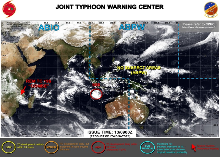 JTWC IS ISSUING 3HOURLY SATELLITE BULLETINS ON INVEST 90S. THEY WERE DISCONTINUED ON THE OVER-LAND REMNANTS OF TC 19S(GOMBE) AT 12/1730UTC.