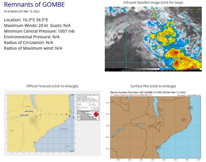 South Indian Ocean: Tropical Cyclone Formation Alert issued for Invest 90S//Remnants of TC 19S(GOMBE): weakening over-land,13/09utc