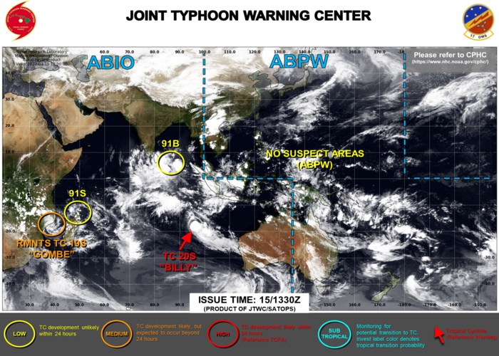 JTWC IS ISSUING 12HOURLY WARNINGS ON TC 20S(BILLY). 3HOURLY SATELLITE BULLETINS ARE ISSUED ON 20S, ON THE REMNANTS OF TC 19S(GOMBE), ON INVEST 91B AND INVEST 91S.