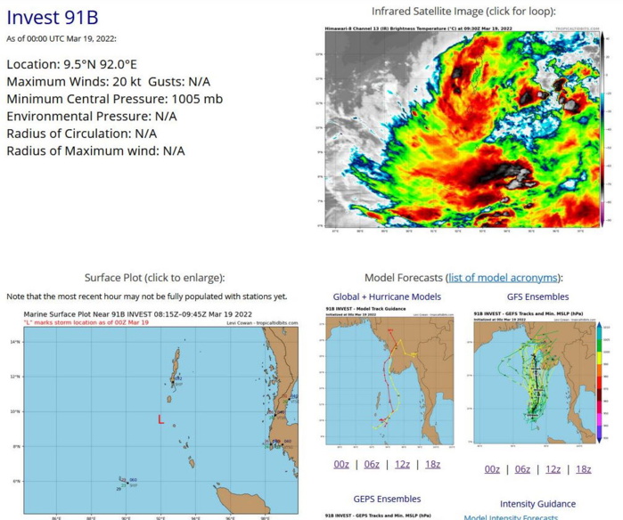 THE AREA OF CONVECTION (INVEST 91B) PREVIOUSLY LOCATED   NEAR 7.5N 91.1E IS NOW LOCATED NEAR 7.8N 91.3E, APPROXIMATELY 520KM   NORTH-NORTHEAST OF PORT BLAIR. ANIMATED ENHANCED INFRARED SATELLITE  IMAGERY (EIR) AND A 181213Z SSMIS 91GHZ MICROWAVE PASS DEPICT  DISORGANIZED CONVECTION OBSCURING A BROAD LOW LEVEL CIRCULATION. THE  ENVIRONMENT IS CONDUCIVE FOR DEVELOPMENT WITH FAIR EQUATORWARD  OUTFLOW, LOW (10-15 KT) VERTICAL WIND SHEAR (VWS) ON THE NORTHEAST  SIDE, AND MODERATE TO HIGH (20-30KT) SHEAR TO THE SOUTH, OFFSET BY  WARM (29-30C) SSTS. GLOBAL MODELS AGREE THAT INVEST 91B WILL TRACK  NORTHWARD OVER THE NEXT 24-48 HOURS. HOWEVER, THE DEVELOPMENT  TIMELINES HAVE SIGNIFICANT DISPARITY BETWEEN GFS AND ECWMF. ECWMF  AND THE ENSEMBLE KEEP THE SYSTEM UNDER TROPICAL STORM STRENGTH  THROUGH 48-72 HOURS, WHILE GFS AND THE ENSEMBLE ACCELERATE THE  INTENSIFICATION TO TROPICAL STORM STRENGTH WITHIN 24-36 HOURS.  MAXIMUM SUSTAINED SURFACE WINDS ARE ESTIMATED AT 15 TO 20 KNOTS.  MINIMUM SEA LEVEL PRESSURE IS ESTIMATED TO BE NEAR 1008 MB. THE  POTENTIAL FOR THE DEVELOPMENT OF A SIGNIFICANT TROPICAL CYCLONE  WITHIN THE NEXT 24 HOURS REMAINS LOW.