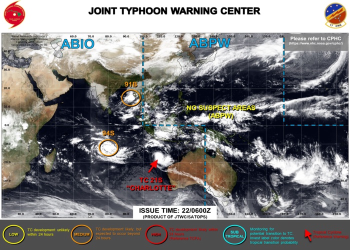JTWC IS ISSUING 6HOURLY WARNINGS ON TC 21S(CHARLOTTE). 3HOURLY SATELLITE BULLETINS ARE ISSUED ON TC 21S AND INVEST 91B.