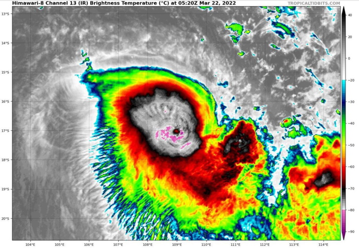 SATELLITE ANALYSIS, INITIAL POSITION AND INTENSITY DISCUSSION: ANIMATED ENHANCED INFRARED (EIR) SATELLITE IMAGERY DEPICTS DEEP CONVECTION IN A GRADUALLY WARMING CENTRAL DENSE OVERCAST WRAPPING AROUND A RAGGED EYE THAT IS CURRENTLY IN THE PROCESS OF FILLING. THE INITIAL POSITION IS PLACED WITH HIGH CONFIDENCE GIVEN THE SMALL EYE EVIDENT IN THE 212237Z SSMIS 91GHZ MICROWAVE IMAGE. THE INITIAL INTENSITY IS SET AT 90 KNOTS WITH MEDIUM CONFIDENCE USING A BLEND OF AGENCY DVORAK ESTIMATES AND A 211821Z AMSR2 PASS INDICATING WINDS JUST ABOVE 80 KNOTS. BASED ON THE BRIEF CLEARING OF THE EYE IN ANIMATED EIR, FOLLOWED BY SUBSEQUENT FILLING AND THE WARMING OF CLOUD TOPS, THE PEAK INTENSITY OF TC 21S WAS LIKELY REACHED IN THE HOURS BETWEEN THAT AMSR2 PASS AND THE CURRENT WARNING. THE UPPER-LEVEL OUTFLOW IS BEGINNING TO BE CONSTRICTED IN THE NORTHERN SEMICIRCLE, BUT POLEWARD OUTFLOW REMAINS EXCELLENT.