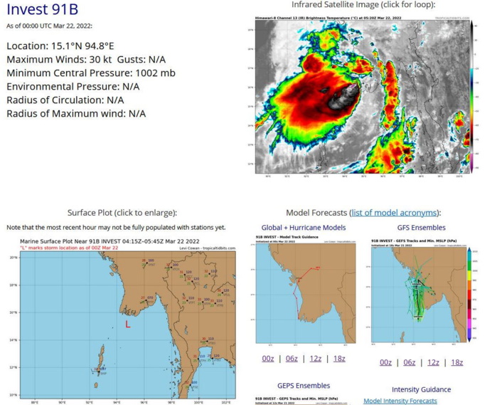 THE AREA OF CONVECTION (INVEST 91B) PREVIOUSLY LOCATED  NEAR 13.5N 94.3E IS NOW LOCATED NEAR 15.1N 94.7E, APPROXIMATELY 235  KM SOUTHWEST OF YANGON, MYANMAR. ANIMATED ENHANCED INFRARED (EIR)  SATELLITE IMAGERY DEPICTS CONVECTION BEGINNING TO CONSOLIDATE OVER  THE LOW LEVEL CIRCULATION CENTER (LLCC). HOWEVER, LANDFALL IN  MYANMAR IS IMMINENT, SO THE WINDOW OF OPPORTUNITY FOR DEVELOPMENT IS  CLOSING. ANALYSES INDICATE A MARGINAL ENVIRONMENT FOR DEVELOPMENT  CHARACTERIZED BY WARM (29-30C) SEA SURFACE TEMPERATURES (SST), AND  POLEWARD OUTFLOW OFFSET BY LOW TO MODERATE (10-20KT) VERTICAL WIND  SHEAR (VWS). GLOBAL MODELS GENERALLY AGREE THAT INVEST 91B WILL  CONTINUE TO TRACK NORTHWARD OVER MYANMAR AND DISSIPATE. OF NOTE,  ECMWF SUGGEST THAT 91B MAY BRIEFLY CROSS BACK OVER THE BAY OF BENGAL  AND UNDERGOING MINOR REORGANIZATION BEFORE MOVING BACK OVER LAND.  MAXIMUM SUSTAINED SURFACE WINDS ARE ESTIMATED AT 25 TO 30 KNOTS.  MINIMUM SEA LEVEL PRESSURE IS ESTIMATED TO BE NEAR 1002 MB. THE  POTENTIAL FOR THE DEVELOPMENT OF A SIGNIFICANT TROPICAL CYCLONE  WITHIN THE NEXT 24 HOURS IS DOWNGRADED TO MEDIUM.