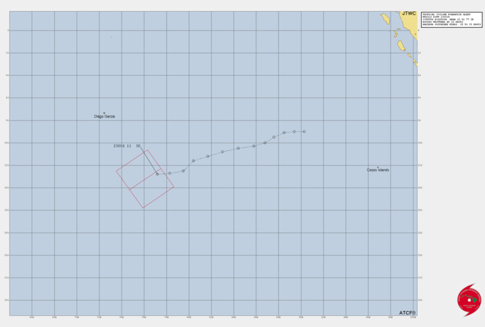 FORMATION OF A SIGNIFICANT TROPICAL CYCLONE IS POSSIBLE WITHIN 120 NM EITHER SIDE OF A LINE FROM 12.8S 77.7E TO 14.1S 74.7E WITHIN THE NEXT 12 TO 24 HOURS. AVAILABLE DATA DOES NOT JUSTIFY ISSUANCE OF NUMBERED TROPICAL CYCLONE WARNINGS AT THIS TIME. WINDS IN THE AREA ARE ESTIMATED TO BE 28 TO 33 KNOTS. METSAT IMAGERY AT 230000Z INDICATES THAT A CIRCULATION CENTER IS LOCATED NEAR 12.8S 77.2E. THE SYSTEM IS MOVING WESTWARD AT 20 KM/H. 2. REMARKS: THE AREA OF CONVECTION (INVEST 94S) PREVIOUSLY LOCATED  NEAR 12.7S 79.3E IS NOW LOCATED NEAR 12.8S 77.2E, APPROXIMATELY 810  KM SOUTHEAST OF DIEGO GARCIA. ENHANCED ANIMATED MULTISPECTRAL  SATELLITE IMAGERY AND A 222233Z SSMIS 91GHZ IMAGE DEPICTS  ACCELERATED INTENSIFICATION AND STRUCTURE WITH CONSOLIDATING DEEP  CONVECTION NEAR THE LOW-LEVEL CIRCULATION (LLC). ENVIRONMENTAL  ANALYSIS INDICATES FAVORABLE CONDITIONS FOR DEVELOPMENT DEFINED BY  STRONG POLEWARD AND WESTWARD OUTFLOW ALOFT, LOW (10-15KTS) VERTICAL  WIND SHEAR, AND WARM (29-30C) SEA SURFACE TEMPERATURES. GLOBAL  MODELS ARE IN GOOD AGREEMENT THAT 94S WILL CONTINUE TO CONSOLIDATE  AND DEVELOP WITH POTENTIAL FOR RAPID INTENSIFICATION OVER THE NEXT  72 HOURS. MAXIMUM SUSTAINED SURFACE WINDS ARE ESTIMATED AT 28 TO 33  KNOTS. MINIMUM SEA LEVEL PRESSURE IS ESTIMATED TO BE NEAR 1003 MB.  THE POTENTIAL FOR THE DEVELOPMENT OF A SIGNIFICANT TROPICAL CYCLONE WITHIN THE NEXT 24 HOURS IS HIGH. FORMATION OF A SIGNIFICANT TROPICAL CYCLONE IS POSSIBLE WITHIN 120 NM EITHER SIDE OF A LINE FROM 12.8S 77.7E TO 14.1S 74.7E WITHIN THE NEXT 12 TO 24 HOURS. AVAILABLE DATA DOES NOT JUSTIFY ISSUANCE OF NUMBERED TROPICAL CYCLONE WARNINGS AT THIS TIME. WINDS IN THE AREA ARE ESTIMATED TO BE 28 TO 33 KNOTS. METSAT IMAGERY AT 230000Z INDICATES THAT A CIRCULATION CENTER IS LOCATED NEAR 12.8S 77.2E. THE SYSTEM IS MOVING WESTWARD AT 20 KM/H. 2. REMARKS: THE AREA OF CONVECTION (INVEST 94S) PREVIOUSLY LOCATED  NEAR 12.7S 79.3E IS NOW LOCATED NEAR 12.8S 77.2E, APPROXIMATELY 810  KM SOUTHEAST OF DIEGO GARCIA. ENHANCED ANIMATED MULTISPECTRAL  SATELLITE IMAGERY AND A 222233Z SSMIS 91GHZ IMAGE DEPICTS  ACCELERATED INTENSIFICATION AND STRUCTURE WITH CONSOLIDATING DEEP  CONVECTION NEAR THE LOW-LEVEL CIRCULATION (LLC). ENVIRONMENTAL  ANALYSIS INDICATES FAVORABLE CONDITIONS FOR DEVELOPMENT DEFINED BY  STRONG POLEWARD AND WESTWARD OUTFLOW ALOFT, LOW (10-15KTS) VERTICAL  WIND SHEAR, AND WARM (29-30C) SEA SURFACE TEMPERATURES. GLOBAL  MODELS ARE IN GOOD AGREEMENT THAT 94S WILL CONTINUE TO CONSOLIDATE  AND DEVELOP WITH POTENTIAL FOR RAPID INTENSIFICATION OVER THE NEXT  72 HOURS. MAXIMUM SUSTAINED SURFACE WINDS ARE ESTIMATED AT 28 TO 33  KNOTS. MINIMUM SEA LEVEL PRESSURE IS ESTIMATED TO BE NEAR 1003 MB.  THE POTENTIAL FOR THE DEVELOPMENT OF A SIGNIFICANT TROPICAL CYCLONE WITHIN THE NEXT 24 HOURS IS HIGH.