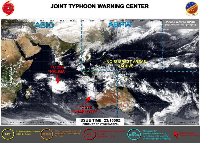 JTWC IS ISSUING 6HOURLY WARNINGS ON TC 21S(CHARLOTTE) AND 12HOURLY WARNINGS ON TC 22S(HALIMA). 3HOURLY SATELLITE BULLETINS ARE ISSUED FOR BOTH SYSTEMS. THEY WERE DISCONTINUED FOR INVEST 91B AT 23/0540UTC. JTWC IS ISSUING 6HOURLY WARNINGS ON TC 21S(CHARLOTTE) AND 12HOURLY WARNINGS ON TC 22S(HALIMA). 3HOURLY SATELLITE BULLETINS ARE ISSUED FOR BOTH SYSTEMS. THEY WERE DISCONTINUED FOR INVEST 91B AT 23/0540UTC.