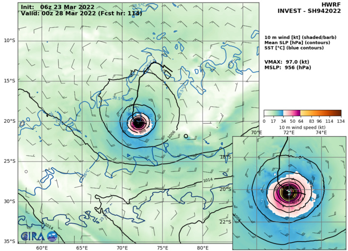 Active South Indian Ocean: TC 21S(CHARLOTTE) weakening// TC 22S(HALIMA): Cat 2 US by 48h, maybe higher,23/15utc