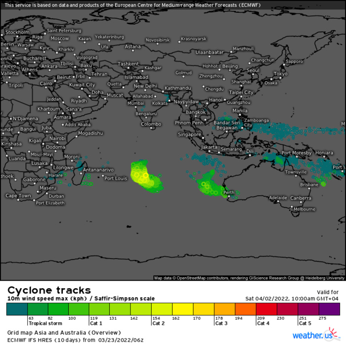 Active South Indian Ocean: TC 21S(CHARLOTTE) weakening// TC 22S(HALIMA): Cat 2 US by 48h, maybe higher,23/15utc