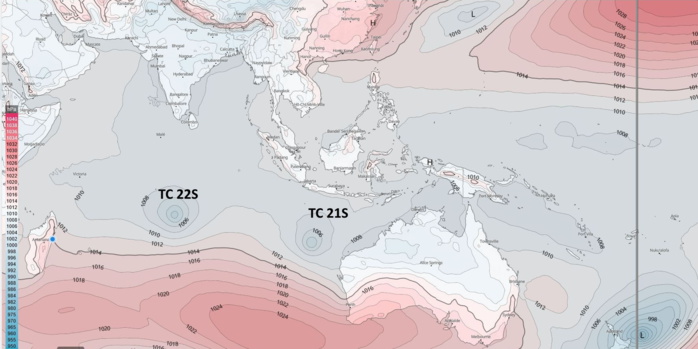 Active South Indian Ocean: TC 21S(CHARLOTTE) weakening// TC 22S(HALIMA): Cat 2 US by 48h, maybe higher,23/15utc