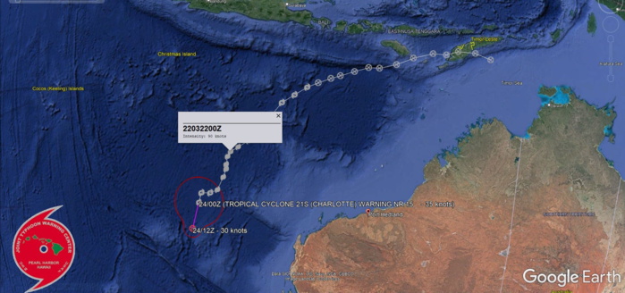 240300Z POSITION NEAR 20.3S 107.1E. 24MAR22. TROPICAL CYCLONE 21S (CHARLOTTE), LOCATED APPROXIMATELY 412 NM WEST-NORTHWEST OF LEARMONTH, AUSTRALIA, HAS TRACKED SOUTH- SOUTHWESTWARD AT 11 KM/H OVER THE PAST SIX HOURS. TC 21S HAS RAPIDLY  WEAKENED OVER THE PAST SIX HOURS UNDER STRONG AND PERSISTENT  NORTHWESTERLY VERTICAL WIND SHEAR (VWS). THE LOW LEVEL CIRCULATION  CENTER (LLCC) HAS BECOME FULLY EXPOSED IN ANIMATED MULTISPECTRAL  SATELLITE IMAGERY (MSI) AND THERE WAS HIGH CONFIDENCE TO THE INITIAL  POSITION. THE INITIAL INTENSITY HAS BEEN LOWERED TO A GENEROUS 35  KNOTS, WITH THE PGTW CURRENT INTENSITY ESTIMATED AT 2.5 (35 KNOTS)  WITH A FINAL-T OF T2.0. ADT WAS AT 2.7 BUT THE RAW ADT WAS DOWN TO  T1.5. ADDITIONALLY A 232305Z SMOS PASS SHOWED WINDS PREDOIMINANTLY OF  30 KNOTS OR LESS AROUND THE SYSTEM. THE SYSTEM HAS TURNED SOUTHWARD  ALONG THE WESTERN PERIPHERY OF A LOW TO MID-LEVEL SUBTROPICAL RIDGE  (STR) AND IS EXPECTED TO ACCELERATE ALONG THE TIGHTENING GRADIENT  BETWEEN THE SUBTROPICAL RIDGE (STR) AND AN APPROACHING SUBTROPICAL LOW. THE SYSTEM IS  FORECAST TO CONTINUE TO WEAKEN, TO BELOW WARNING THRESHOLD WITHIN THE  NEXT 12 HOURS. HOWEVER, THE REMNANT CIRCULATION IS EXPECTED TO  CONTINUE TRACKING SOUTHWARD OVER THE NEXT 36 HOURS BEFORE TURNING EAST  TOWARDS THE COAST OF AUSTRALIA BY 48H. THE ASSOCIATED WIND FIELD IS  EXPECTED TO EXPAND AS THE SYSTEM BECOMES SUBTROPICAL IN NATURE BY 36H. IT IS POSSIBLE THAT THE SYSTEM COULD REINTENSIFY AS A SUBTROPICAL  LOW AFTER 36H WITH WINDS UP TO GALE-FORCE AT TIMES THROUGH THE NEXT  FEW DAYS. THIS IS THE FINAL WARNING ON THIS SYSTEM BY THE JOINT  TYPHOON WRNCEN PEARL HARBOR HI. THE SYSTEM WILL BE CLOSELY MONITORED  FOR SIGNS OF REGENERATION. MAXIMUM SIGNIFICANT WAVE HEIGHT AT 240000Z  IS 16 FEET.