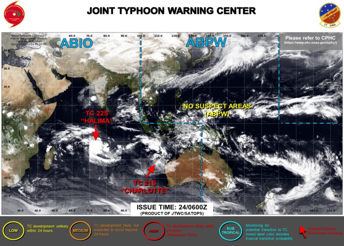 JTWC IS ISSUING 12HOURLY WARNINGS ON TC 22S(HALIMA).3HOURLY SATELLITE BULLETINS ARE ISSUED FOR TC 22S AND THE REMNANTS OF TC 21S(CHARMOTTE).