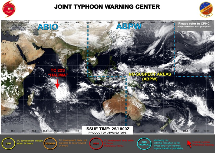 JTWC IS ISSUING 12HOURLY WARNINGS AND 3HOURLY SATELLITE BULLETINS ON TC 22S(HALIMA). SATELLITE BULLETINS ON THE REMNANTS OF TC 21S(CHARLOTTE) WERE DISCONTINUED AT 25/0540UTC.