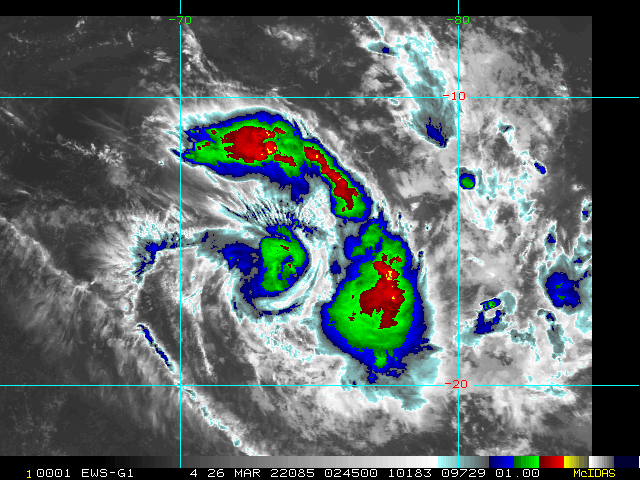 SATELLITE ANALYSIS, INITIAL POSITION AND INTENSITY DISCUSSION: ANIMATED ENHANCED INFRARED (EIR) SATELLITE IMAGERY DEPICTS A COMPACT SYSTEM WITH MODERATE CONVECTION WRAPPING AROUND A LOW-LEVEL CIRCULATION (LLC). THE MINIMAL MOTION TO THE SOUTH AND CONSTANT UPWELLING NEAR THE CIRCULATION CENTER OVER THE LAST TWELVE HOURS HAS CAUSED THE EYE TO FILL. THE INITIAL POSITION IS PLACED WITH HIGH CONFIDENCE USING THE EMBEDDED CENTER METHOD, A NOTCH APPEARING ON THE EIR LOOP, AND A 252336Z SSMIS 91GHZ IMAGE. THE INITIAL INTENSITY OF 110 KTS/CAT 3 US IS ASSESSED WITH MEDIUM CONFIDENCE USING MULTIPLE AGENCY DVORAK ESTIMATES AND IS HELD SLIGHTLY LOWER THAN PGTW FIX, BOUND BY CONSTRAINTS. THE INTENSITY IS A BLEND OF THE MULTIPLE AGENCY FIX ESTIMATES, WHICH IS SLIGHTLY HIGHER THAN THE 260015Z ADT ESTIMATE OF 107KTS, AI-ENHANCED ADT (AIDT) 103KTS, AND THE 252345Z SATELLITE CONSENSUS (SATCON) OF 99KTS, WHICH ARE NOT BOUND BY THE SAME CONSTRAINTS. ANALYSIS INDICATES A FAVORABLE ENVIRONMENT, WITH MODERATE POLEWARD AND EQUATORWARD OUTFLOW, MODERATE VERTICAL WIND SHEAR, AND WARM SST THAT IS NOW TEMPORARILY IMPACTED BY UPWELLING.