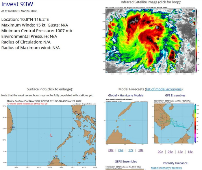 THE AREA OF CONVECTION (INVEST 93W) PREVIOUSLY LOCATED  NEAR 7.6N 118.0E IS NOW LOCATED NEAR 9.9N 116.2E, APPROXIMATELY  1090KM SOUTHEAST OF DANANG, VIETNAM. THE POSITION FOR 93W WAS  RELOCATED BASED ON A 290211Z ASCAT-C IMAGE, WHICH SHOWS A  DEVELOPING, ELONGATED CIRCULATION ADJACENT TO A SWATH OF 20-25 KNOT  EASTERLIES OVER THE NORTHEAST QUADRANT WITH WEAKER WINDS (5-15  KNOTS) ELSEWHERE. ANIMATED MULTISPECTRAL SATELLITE IMAGERY DEPICTS  STRONG MID-LEVEL TURNING WITH LOW-LEVEL CLOUD LINES WRAPPING INTO  THE EASTERN QUADRANT SUGGESTING A DEVELOPING LOW-LEVEL CIRCULATION  CENTER (LLCC). A 282236Z SSMIS 91GHZ COLOR COMPOSITE MICROWAVE IMAGE  REVEALS A WEAKLY-DEFINED LLCC, HOWEVER, FORMATIVE DEEP CONVECTIVE  BANDS ARE EVIDENT OVER THE NORTHERN SEMICIRCLE. UPPER-LEVEL ANALYSIS  INDICATES NEAR-RADIAL OUTFLOW WITH LOW VERTICAL WIND SHEAR. SST  VALUES ARE CONDUCIVE FOR FURTHER DEVELOPMENT AT 29-30C. GFS REMAINS  THE MOST AGGRESSIVE MODEL WITH A TROPICAL DEPRESSION DEVELOPING  QUICKLY WITHIN THE NEXT TWO DAYS AS THE SYSTEM TRACKS NORTHWESTWARD  TOWARD VIETNAM. ECMWF AND NAVGEM SHOW A SIMILAR FORECAST TRACK BUT  WEAKER DEVELOPMENT. THE GFS SOLUTION APPEARS MORE LIKELY CONSIDERING  THE FAVORABLE ENVIRONMENTAL CONDITIONS. MAXIMUM SUSTAINED SURFACE  WINDS ARE ESTIMATED AT 12 TO 18 KNOTS. MINIMUM SEA LEVEL PRESSURE IS  ESTIMATED TO BE NEAR 1007 MB. THE POTENTIAL FOR THE DEVELOPMENT OF A  SIGNIFICANT TROPICAL CYCLONE WITHIN THE NEXT 24 HOURS IS UPGRADED TO  MEDIUM.