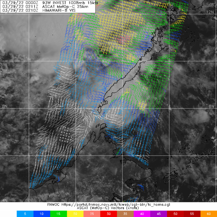 THE POSITION FOR 93W WAS RELOCATED BASED ON A 290211Z ASCAT-C IMAGE, WHICH SHOWS A DEVELOPING, ELONGATED CIRCULATION ADJACENT TO A SWATH OF 20-25 KNOT EASTERLIES OVER THE NORTHEAST QUADRANT WITH WEAKER WINDS (5-15 KNOTS) ELSEWHERE.
