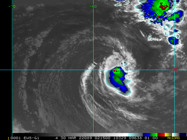 SATELLITE ANALYSIS, INITIAL POSITION AND INTENSITY DISCUSSION: OVER THE PAST TWELVE HOURS, THE OVERALL STRUCTURE OF TC 22S HAS BEGUN TO DETERIORATE SLIGHTLY, WITH THE DEEP CONVECTION NOW LIMITED TO THE SOUTHERN SEMICIRCLE OF THE CIRCULATION. THE SYSTEM LIES WITHIN AN AREA OF MODERATELY MOIST AIR, BUT IS COCOONED WITHIN A DRY, STABLE AIRMASS. THE CIMSS VERTICAL WIND SHEAR (VWS) PRODUCT AND HWRF SYNTHETIC SOUNDING INDICATE THE BULK SHEAR REMAINS LOW (5-10 KNOTS), THE HWRF SOUNDING SHOWS THE MAXIMUM SHEAR IS CLOSER TO 20-25 KNOTS IN THE MID-LEVELS. ANIMATED MULTISPECTRAL SATELLITE IMAGERY (MSI) SHOWS THE CONVECTIVE DEBRIS IS BEING ELONGATED OFF TO THE SOUTHEAST, INDICATIVE OF A SLIGHTLY INCREASED NORTHWESTERLY SHEAR VECTOR IN THE MID TO UPPER-LEVELS AS INDICATED BY THE HWRF SOUNDING. A 300122Z GMI 37GHZ MICROWAVE IMAGE SHOWS A LARGE REGION OF EXPOSED LOW LEVEL BANDS WRAPPING INTO A SMALL MICROWAVE EYE-LIKE FEATURE. THE INITIAL POSITION WAS PLACED PRIOR TO THE LATE RECEIPT OF THE MICROWAVE IMAGERY, WITH MEDIUM CONFIDENCE, AND WILL BE ADJUSTED SLIGHTLY TO THE SOUTHEAST POST FACTO. THE INITIAL INTENSITY REMAINS AT A SOLID 45 KNOTS, WITH HIGH CONFIDENCE, BASED ON THE HIGHER-END FMEE AND FIMP DVORAK CURRENT INTENSITY ESTIMATES AND CONSISTENT WITH EARLIER SMAP AND SCATTEROMETER DATA.