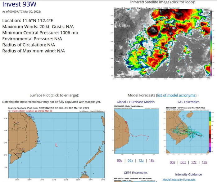 THE AREA OF CONVECTION (INVEST 93W) PREVIOUSLY LOCATED NEAR 10.8N 114.3E IS NOW LOCATED NEAR 10.8N 113.2E, APPROXIMATELY 750KM SOUTHEAST OF DANANG, VIETNAM. 93W HAS CONSOLIDATED OVER THE LAST 12 HOURS WITH THE STRONG MID-LEVEL TURNING GRADUALLY BURROWING DOWN TO THE SURFACE, THOUGH THE WEAK LOW LEVEL CIRCULATION (LLC) REMAINS OBSCURED BY MID AND UPPER-LEVEL CLOUDS. ENVIRONMENTAL ANALYSIS INDICATES PRIME CONDITIONS FOR DEVELOPMENT WITH NEAR-RADIAL OUTFLOW WITH LOW (05-10KT) VERTICAL WIND SHEAR AND WARM (29-30C) SEA SURFACE TEMPERATURES. THE MAIN HINDRANCES AT THE MOMENT ARE THE RELATIVELY SHORT TIME REMAINING OVER WATER AND THE RELATIVELY SLOW CONSOLIDATION OF THE LLC. GFS REMAINS THE MOST AGGRESSIVE MODEL WITH A TROPICAL DEPRESSION DEVELOPING QUICKLY WITHIN THE NEXT 18-36 HOURS AS THE SYSTEM TRACKS NORTHWESTWARD TOWARD VIETNAM. ECMWF AND NAVGEM SHOW A SIMILAR TRACK BUT WITH SIGNIFICANTLY LESS DEVELOPMENT. THE GFS SOLUTION APPEARS MORE LIKELY CONSIDERING THE FAVORABLE ENVIRONMENTAL CONDITIONS. MAXIMUM SUSTAINED SURFACE WINDS ARE ESTIMATED AT 12 TO 18 KNOTS. MINIMUM SEA LEVEL PRESSURE IS ESTIMATED TO BE NEAR 1006 MB. THE POTENTIAL FOR THE DEVELOPMENT OF A SIGNIFICANT TROPICAL CYCLONE WITHIN THE NEXT 24 HOURS IS UPGRADED TO HIGH. MAXIMUM SUSTAINED SURFACE WINDS ARE ESTIMATED AT 18 TO 23 KNOTS. MINIMUM SEA LEVEL PRESSURE IS ESTIMATED TO BE NEAR 1005 MB. THE POTENTIAL FOR THE DEVELOPMENT OF A SIGNIFICANT TROPICAL CYCLONE WITHIN THE NEXT 24 HOURS IS HIGH. THE AREA OF CONVECTION (INVEST 93W) PREVIOUSLY LOCATED NEAR 10.8N 114.3E IS NOW LOCATED NEAR 10.8N 113.2E, APPROXIMATELY 750KM SOUTHEAST OF DANANG, VIETNAM. 93W HAS CONSOLIDATED OVER THE LAST 12 HOURS WITH THE STRONG MID-LEVEL TURNING GRADUALLY BURROWING DOWN TO THE SURFACE, THOUGH THE WEAK LOW LEVEL CIRCULATION (LLC) REMAINS OBSCURED BY MID AND UPPER-LEVEL CLOUDS. ENVIRONMENTAL ANALYSIS INDICATES PRIME CONDITIONS FOR DEVELOPMENT WITH NEAR-RADIAL OUTFLOW WITH LOW (05-10KT) VERTICAL WIND SHEAR AND WARM (29-30C) SEA SURFACE TEMPERATURES. THE MAIN HINDRANCES AT THE MOMENT ARE THE RELATIVELY SHORT TIME REMAINING OVER WATER AND THE RELATIVELY SLOW CONSOLIDATION OF THE LLC. GFS REMAINS THE MOST AGGRESSIVE MODEL WITH A TROPICAL DEPRESSION DEVELOPING QUICKLY WITHIN THE NEXT 18-36 HOURS AS THE SYSTEM TRACKS NORTHWESTWARD TOWARD VIETNAM. ECMWF AND NAVGEM SHOW A SIMILAR TRACK BUT WITH SIGNIFICANTLY LESS DEVELOPMENT. THE GFS SOLUTION APPEARS MORE LIKELY CONSIDERING THE FAVORABLE ENVIRONMENTAL CONDITIONS. MAXIMUM SUSTAINED SURFACE WINDS ARE ESTIMATED AT 12 TO 18 KNOTS. MINIMUM SEA LEVEL PRESSURE IS ESTIMATED TO BE NEAR 1006 MB. THE POTENTIAL FOR THE DEVELOPMENT OF A SIGNIFICANT TROPICAL CYCLONE WITHIN THE NEXT 24 HOURS IS UPGRADED TO HIGH. MAXIMUM SUSTAINED SURFACE WINDS ARE ESTIMATED AT 18 TO 23 KNOTS. MINIMUM SEA LEVEL PRESSURE IS ESTIMATED TO BE NEAR 1005 MB. THE POTENTIAL FOR THE DEVELOPMENT OF A SIGNIFICANT TROPICAL CYCLONE WITHIN THE NEXT 24 HOURS IS HIGH.