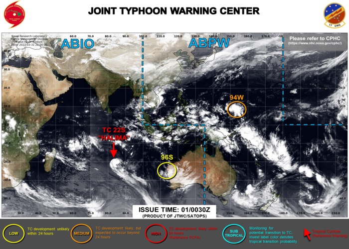 JTWC IS ISSUING 12HOURLY WARNINGS ON TC 22S(HALIMA). 3HOURLY SATELLITE BULLETINS ARE ISSUED ON TC 22S , INVEST 94W AND INVEST 96S. JTWC IS ISSUING 12HOURLY WARNINGS ON TC 22S(HALIMA). 3HOURLY SATELLITE BULLETINS ARE ISSUED ON TC 22S , INVEST 94W AND INVEST 96S.