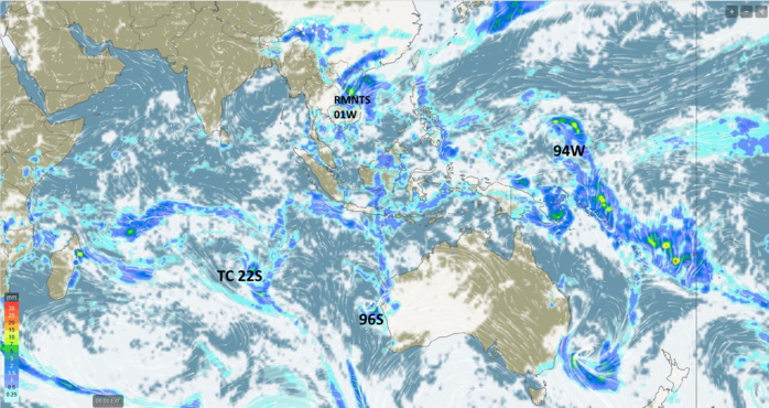 TC 22S(HALIMA): slowly weakening// Invest 94W: MEDIUM//Invest 96S//Over-land remnants of TD 01W, 01/00utc