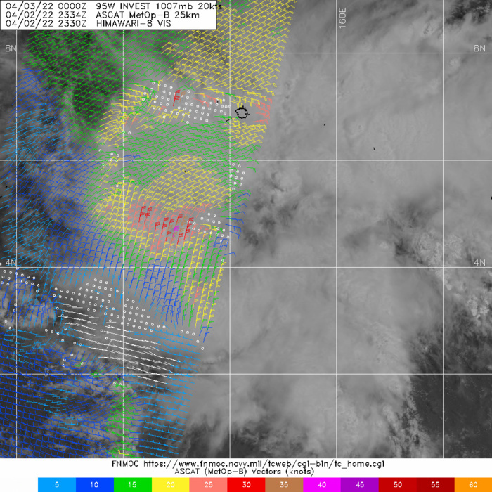 A 022334Z ASCAT-B PARTIAL PASS  REVEALS AN BROAD REGION OF ENHANCED NORTHEASTERLY AND NORTHERLY WIND  FLOW ALONG THE WESTERN PERIPHERY OF A DEVELOPING LOW LEVEL  CIRCULATION CENTER (LLCC). WHILE THE SCATTEROMETER PASS DOES NOT  DEFINE THE ACTUAL LLCC, IT PROVIDED ADDITIONAL CLARIFICATION TO THE  INITIAL POSITION.