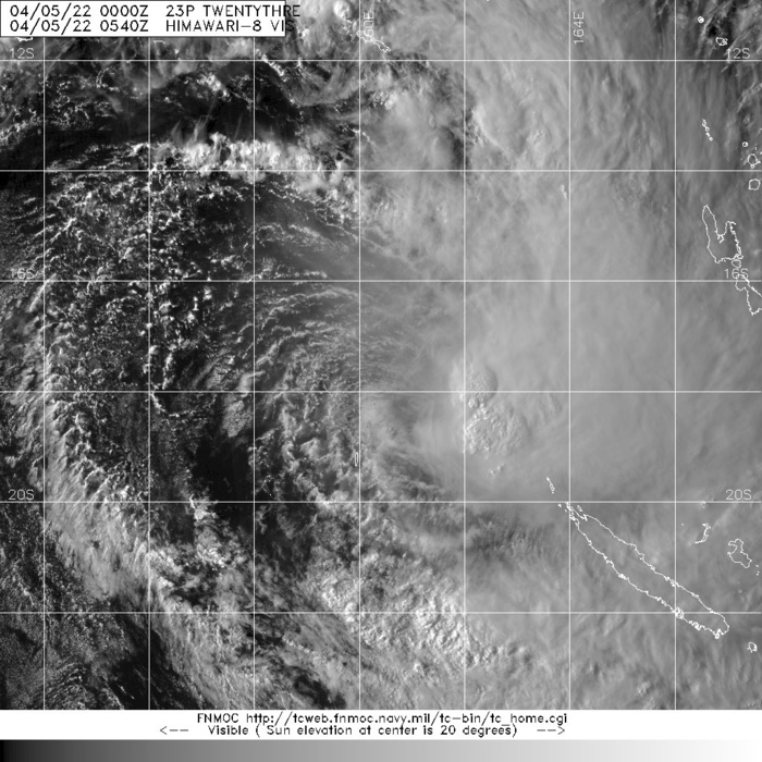 SATELLITE ANALYSIS, INITIAL POSITION AND INTENSITY DISCUSSION: ANIMATED MULTISPECTRAL SATELLITE IMAGERY (MSI) SHOWS WESTERLY WIND SHEAR IS REALLY WORKING OVER TC 23P. THE LOW LEVEL CIRCULATION CENTER (LLCC) IS PARTLY EXPOSED WITH ALL DEEP CONVECTION SHEARED EASTWARD. THE INTENSITY TREND HAS FLATTENED OVER THE PAST SIX HOURS. A 042258Z ASCAT PASS CONFIRMS THAT ALTHOUGH THERE IS AN EXTENSIVE FIELD OF 40-45KT WINDS OVER THE NORTHEASTERN QUADRANT, THERE IS A DEARTH OF GALE FORCE WINDS OVER THE NORTHWESTERN QUADRANT. NONETHELESS, THE CORE REMAINS TIGHTLY WOUND AND VIGOROUS DEEP CONVECTION IS STILL PRESENT NEAR THE CORE AND TO ITS SOUTHWEST. SUBJECTIVE DVORAKS AND ADT BOTH AGREE ON A 45-50KT INTENSITY. THOSE ASSESSMENTS ARE CONFIRMED BY THE SCATTEROMETRY. TC 23P HAS MAINTAINED A STEADY 9 KNOT SPEED OF ADVANCE ALONG A SOUTHWESTERLY BEARING BUT IS EXPECTED TO ENTER A TURN TO THE SOUTH-SOUTHEAST MOMENTARILY. A POINT SOURCE TO THE NORTHEAST OF THE LLCC CONTINUES TO PROVIDE ROBUST RADIAL OUTFLOW, BUT WATER VAPOR IMAGERY SHOWS A RATHER SHARP DRY LINE ASSOCIATED WITH A TRANSITIVE MID-LATITUDE TROF IS EXTENDING ALL THE WAY PAST THE TROPIC OF CAPRICORN. ALTHOUGH THAT TROF IS REDUCING SOME OF THE MID-LEVEL  MOISTURE ALONG THE WESTERN PERIPHERY, TOTAL PRECIPITABLE WATER  ANIMATION CONFIRMS SOME THE LOWER LEVELS NEAR THE CORE ARE  MAINTAINING SATURATION.