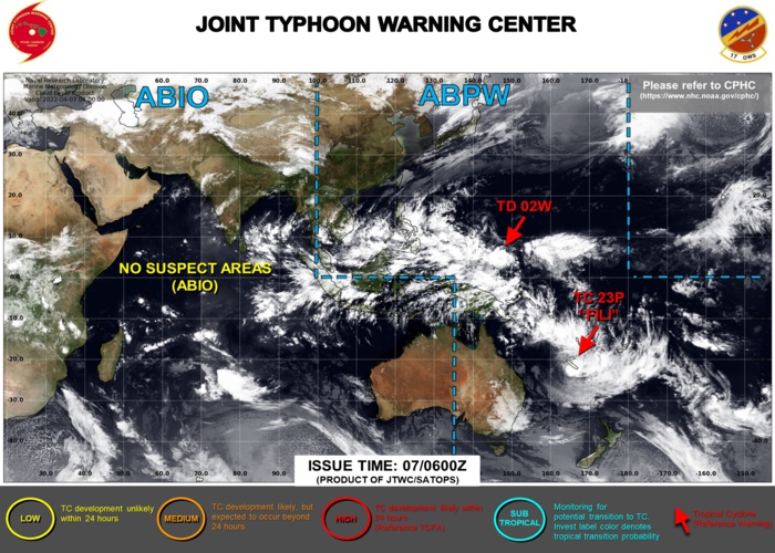 JTWC IS ISSUING 6HOURLY WARNINGS ON TD 02W AND TC 23P(FILI). 3HOURLY SATELLITE BULLETINS ARE ISSUED ON BOTH SYSTEMS.