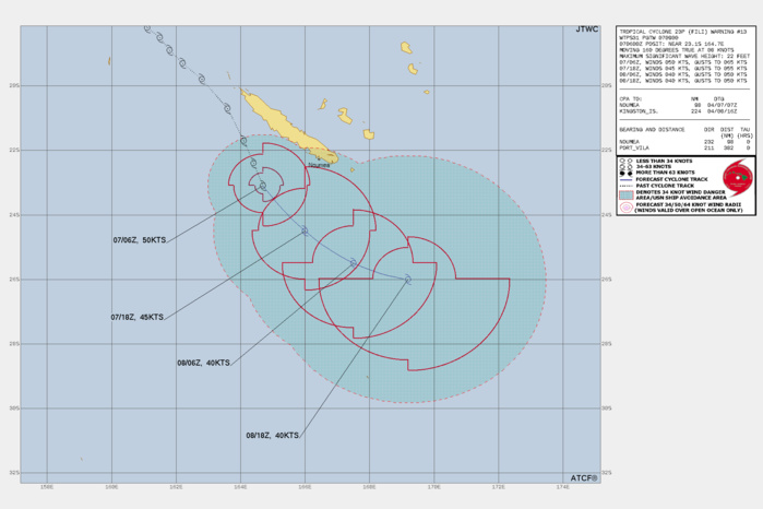 FORECAST REASONING.  SIGNIFICANT FORECAST CHANGES: THERE ARE NO SIGNIFICANT CHANGES TO THE FORECAST FROM THE PREVIOUS WARNING.  FORECAST DISCUSSION: TC 23P IS TRACKING ALONG THE SOUTHWESTERN PERIPHERY OF THE SUBTROPICAL RIDGE (STR) AND IS INTERACTING WITH THE SUBTROPICAL WESTERLIES RESULTING IN LIMITED OUTFLOW AND HIGH VWS, WHICH WILL SERVE TO GRADUALLY WEAKEN THE SYSTEM AS IT TRACKS SOUTHEASTWARD TO EAST-SOUTHEASTWARD OVER THE NEXT 36 HOURS. THE SYSTEM IS EXPECTED TO TRANSITION TO A SUBTROPICAL CYCLONE BY 36H UNDER STRENGTHENING WESTERLIES AND INCREASING (40 KNOTS) VWS WITH SIGNIFICANT DRY AIR ENTRAINMENT AND UPPER-LEVEL CONVERGENT FLOW. THE SYSTEM SHOULD MAINTAIN GALE-FORCE WINDS OVER THE SOUTHERN SEMICIRCLE. AFTER 36H, THE SYSTEM WILL LIKELY SLOW AND BECOME QUASI-STATIONARY AS A STRONG HIGH BUILDS TO THE SOUTH.