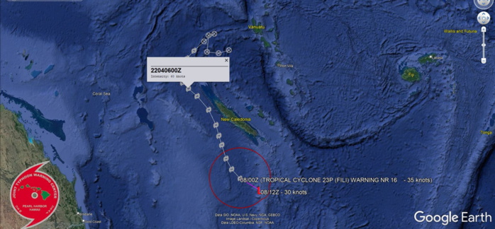 TROPICAL CYCLONE 23P (FILI), LOCATED APPROXIMATELY 340 KM SOUTH OF NOUMEA, NEW CALEDONIA, HAS TRACKED SOUTHEASTWARD AT 15 KM/H OVER THE PAST SIX HOURS. ANIMATED MULTISPECTRAL SATELLITE  IMAGERY (MSI) DEPICTS A FULLY EXPOSED LOW LEVEL CIRCULATION CENTER  (LLCC) WITH NO SIGNIFICANT CONVECTIVE ACTIVITY WITHIN 185KM. THE  PERSISTENT WESTERLY SHEAR AND SMOTHERING EFFECTS OF DRY AIR  ENCROACHING FROM THE WEST HAVE FINALLY KILLED THE SYSTEM. A 071836Z  SMAP PASS, AS WELL AS A PARTIAL 072154Z ASCAT-B PASS INDICATED A  SIGNIFICANTLY WEAKENED WIND FIELD, WITH MAXIMUM WINDS OF 35 KNOTS OR  LESS ACROSS THE MAJORITY OF THE CIRCULATION. THE SYSTEM WILL  CONTINUE SLIDING SOUTHEAST THROUGH THE FORECAST PERIOD ALONG THE  SOUTHWEST SIDE OF THE SUBTROPICAL RIDGE (STR) TO THE NORTHEAST. AS  THE SYSTEM CONTINUES TO WEAKEN BELOW WARNING CRITERIA, IT WILL  SIMULTANEOUSLY TRANSITION TO A SUBTROPICAL LOW PRESSURE SYSTEM  WITHIN THE NEXT 12 HOURS. BEYOND THE FORECAST PERIOD, THE SYSTEM  WILL SLIDE EAST THEN TURN SOUTHWARD AND THERE REMAINS A LOW  PROBABILITY OF SOME INTENSIFICATION, BACK TO A GALE-FORCE  SUBTROPICAL STORM IN THE NEXT 72 HOURS. THIS IS THE FINAL WARNING ON  THIS SYSTEM BY THE JOINT TYPHOON WRNCEN PEARL HARBOR HI. THE SYSTEM  WILL BE CLOSELY MONITORED FOR SIGNS OF REGENERATION.