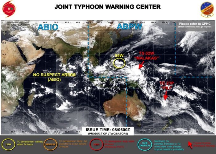 JTWC IS ISSUING 6HOURLY WARNINGS ON TS 02W(MALIKAS). 3HOURLY SATELLITE BULLETINS ARE ISSUED ON 02W AND THE REMNANTS OF TC 23P(FILI).