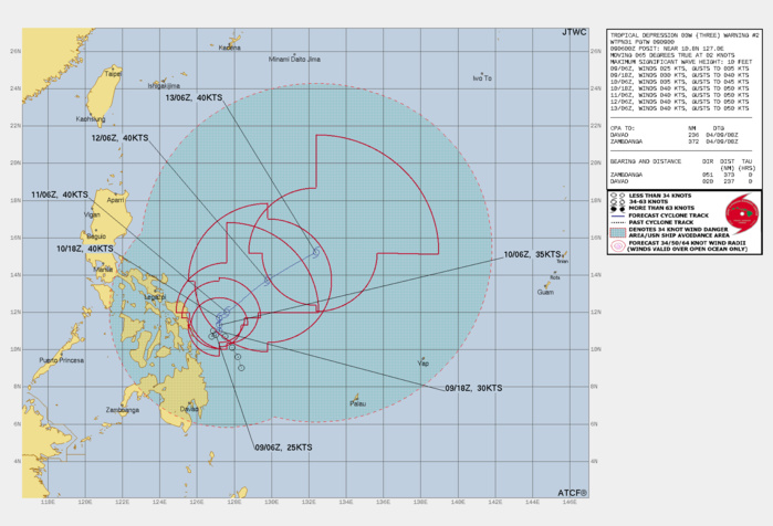 FORECAST REASONING.  SIGNIFICANT FORECAST CHANGES: THERE ARE NO SIGNIFICANT CHANGES TO THE FORECAST FROM THE PREVIOUS WARNING.  FORECAST DISCUSSION: TD 03W WILL REMAIN IN A QS MODE IN THE WEAK STEERING ENVIRONMENT UP TO 36H. AFTERWARD IT WILL BEGIN TO TRACK NORTHEASTWARD AS IT GETS PULLED INTO AN APPROACHING CYCLONE THAT IS BIGGER AND STRONGER (TS 02W). THIS BINARY INTERACTION WILL INHIBIT ANY SIGNIFICANT DEVELOPMENT OF TD 03W RESULTING IN WEAK INTENSIFICATION TO A PEAK OF 40KTS BY 36H AND SUSTAINED, AT BEST, THROUGH THE REMAINDER OF ITS LIFESPAN AS A TC. BY 72H, TD 03W WILL BEGIN TO BE ABSORBED BY TS 02W AND BY 96H, WILL LOSE ITS CIRCULATION AND BECOME EMBEDDED IN THE SOUTHERN FEEDER BAND OF THE LARGER AND STRONGER CYCLONE.