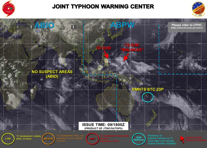 JTWC IS ISSUING 6HOURLY WARNINGS ON TS 02W(MALAKAS) AND TS 03W(MEGI). 3HOURLY SATELLITE BULLETINS ARE ISSUED ON BOTH SYSTEMS AND ON SUBTROPICAL TC 23P(FILI).
