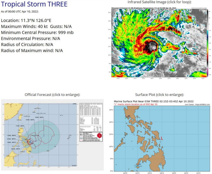 SATELLITE ANALYSIS, INITIAL POSITION AND INTENSITY DISCUSSION: ANIMATED MULTISPECTRAL SATELLITE IMAGERY (MSI) DEPICTS FORMATIVE BANDS WRAPPING AROUND A REGION OF PERSISTENT CONVECTION JUST TO THE EAST OF THE LEYTE GULF. THE INITIAL POSITION IS PLACED WITH LOW CONFIDENCE BASED ON THE MSI IMAGE AND MULTIPLE AGENCY FIX POSITIONS. THE INITIAL INTENSITY OF 40KTS IS BASED ON THE OVERALL ASSESSMENT OF AGENCY AND AUTOMATED DVORAK ESTIMATES. ANALYSIS INDICATES A MARGINALLY FAVORABLE ENVIRONMENT WITH MODERATE VWS, MODERATE POLEWARD OUTFLOW, AND WARM SST. THE CYCLONE REMAINS QUASI-STATIONARY (QS) IN THE PHILIPPINE SEA, NEAR THE LEYTE GULF, WHERE IT IS EMBEDDED IN A SHALLOW TROUGH WITH EASTERLY TRADE WINDS TO THE NORTH AND A BELT OF WESTERLIES TO THE SOUTH. SATELLITE ANALYSIS, INITIAL POSITION AND INTENSITY DISCUSSION: ANIMATED MULTISPECTRAL SATELLITE IMAGERY (MSI) DEPICTS FORMATIVE BANDS WRAPPING AROUND A REGION OF PERSISTENT CONVECTION JUST TO THE EAST OF THE LEYTE GULF. THE INITIAL POSITION IS PLACED WITH LOW CONFIDENCE BASED ON THE MSI IMAGE AND MULTIPLE AGENCY FIX POSITIONS. THE INITIAL INTENSITY OF 40KTS IS BASED ON THE OVERALL ASSESSMENT OF AGENCY AND AUTOMATED DVORAK ESTIMATES. ANALYSIS INDICATES A MARGINALLY FAVORABLE ENVIRONMENT WITH MODERATE VWS, MODERATE POLEWARD OUTFLOW, AND WARM SST. THE CYCLONE REMAINS QUASI-STATIONARY (QS) IN THE PHILIPPINE SEA, NEAR THE LEYTE GULF, WHERE IT IS EMBEDDED IN A SHALLOW TROUGH WITH EASTERLY TRADE WINDS TO THE NORTH AND A BELT OF WESTERLIES TO THE SOUTH.