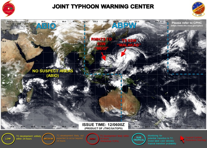 JTWC IS ISSUING 6HOURLY WARNINGS ON TY 02W(MALAKAS). WARNING 11/FINAL WAS ISSUED ON TD 03W(MEGI) AT 11/09UTC. 3HOURLY SATELLITE BULLETINS ARE ISSUED ON BOTH SYSTEMS. THEY WERE DISCONTINUED ON THE SUBTROPICAL REMNANTS OF 23P(FILI) AT 11/0530UTC.