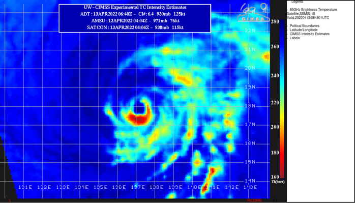 130647Z SSMIS 91GHZ IMAGE SHOWED A COMPLETE EYEWALL, THOUGH THE NORTHWESTERN SIDE IS WEAK AND FRAGMENTED, INDICATIVE OF SOME MID-LEVEL DRY AIR TO THE NORTH. THE IMAGERY ALSO HINTS AT A POSSIBLE SECONDARY EYEWALL BEGINNING TO DEVELOP, PARTICULARLY ACROSS THE SOUTHERN HALF OF THE CIRCULATION. 130647Z SSMIS 91GHZ IMAGE SHOWED A COMPLETE EYEWALL, THOUGH THE NORTHWESTERN SIDE IS WEAK AND FRAGMENTED, INDICATIVE OF SOME MID-LEVEL DRY AIR TO THE NORTH. THE IMAGERY ALSO HINTS AT A POSSIBLE SECONDARY EYEWALL BEGINNING TO DEVELOP, PARTICULARLY ACROSS THE SOUTHERN HALF OF THE CIRCULATION.