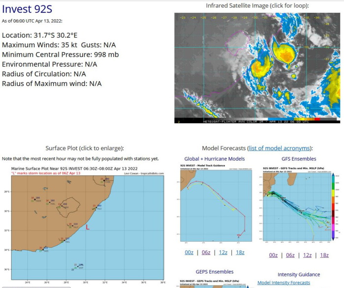 THE AREA OF CONVECTION (INVEST 92S) PREVIOUSLY LOCATED NEAR 31.4S 31.2E IS NOW LOCATED NEAR 32.0S 30.5E, APPROXIMATELY 270 KM EAST-NORTHEAST OF EAST LONDON, SOUTH AFRICA. THE SYSTEM IS CURRENTLY CLASSIFIED AS A SUBTROPICAL STORM, GENERALLY CHARACTERIZED AS HAVING BOTH TROPICAL AND MIDLATITUDE CYCLONE FEATURES. ANIMATED ENHANCED INFRARED (EIR) SATELLITE IMAGERY DEPICTS A COMPACT SYSTEM WITH A PARTIALLY-EXPOSED LOW-LEVEL CIRCULATION CENTER (LLCC) AND PERSISTENT DEEP CONVECTION OVER THE NORTHERN SEMICIRCLE. A 122245Z AMSR2 89GHZ COLOR COMPOSITE MICROWAVE IMAGE SHOWS SHALLOW BANDING WRAPPING TIGHTLY INTO A WELL-DEFINED LLCC WITH LIMITED DEEP CONVECTIVE BANDING OVER THE NORTHEAST QUADRANT. A 120737Z ASCAT-C IMAGE REVEALS A SYMMETRIC CIRCULATION WITH 35-40 KT WINDS AND A RADIUS OF MAXIMUM WINDS OF 55KM. UPPER-LEVEL ANALYSIS INDICATES THE SYSTEM IS LOCATED UNDER A BROAD UPPER LOW BUT HAS MAINTAINED VIGOROUS ANTICYCLONIC, POLEWARD OUTFLOW. SST VALUES ARE MARGINAL AT 24 TO 26C. THE SYSTEM IS VERTICALLY STACKED UNDER A 500MB LOW WITH MODERATE BAROCLINICITY BUT HAS MAINTAINED A WARM CORE. THE SYSTEM HAS DEVELOPED ORGANIZED CORE CONVECTION, WHICH HAS WEAKENED SOMEWHAT OVER THE PAST SIX HOURS, BUT MAY TRANSITION TO A TROPICAL CYCLONE IF IT CAN SUSTAIN ORGANIZED CENTRAL CONVECTION. GLOBAL MODELS INDICATE A QUASI-STATIONARY TRACK OVER THE NEXT 12-24 HOURS THEN AN EASTWARD TRACK WITHIN THE UPPER-LEVEL WESTERLIES. MAXIMUM SUSTAINED SURFACE WINDS ARE ESTIMATED AT 35 TO 40 KNOTS. MINIMUM SEA LEVEL PRESSURE IS ESTIMATED TO BE NEAR 993 MB. THE POTENTIAL FOR THE DEVELOPMENT OF A SIGNIFICANT TROPICAL CYCLONE WITHIN THE NEXT 24 HOURS IS UPGRADED TO HIGH. THE AREA OF CONVECTION (INVEST 92S) PREVIOUSLY LOCATED NEAR 31.4S 31.2E IS NOW LOCATED NEAR 32.0S 30.5E, APPROXIMATELY 270 KM EAST-NORTHEAST OF EAST LONDON, SOUTH AFRICA. THE SYSTEM IS CURRENTLY CLASSIFIED AS A SUBTROPICAL STORM, GENERALLY CHARACTERIZED AS HAVING BOTH TROPICAL AND MIDLATITUDE CYCLONE FEATURES. ANIMATED ENHANCED INFRARED (EIR) SATELLITE IMAGERY DEPICTS A COMPACT SYSTEM WITH A PARTIALLY-EXPOSED LOW-LEVEL CIRCULATION CENTER (LLCC) AND PERSISTENT DEEP CONVECTION OVER THE NORTHERN SEMICIRCLE. A 122245Z AMSR2 89GHZ COLOR COMPOSITE MICROWAVE IMAGE SHOWS SHALLOW BANDING WRAPPING TIGHTLY INTO A WELL-DEFINED LLCC WITH LIMITED DEEP CONVECTIVE BANDING OVER THE NORTHEAST QUADRANT. A 120737Z ASCAT-C IMAGE REVEALS A SYMMETRIC CIRCULATION WITH 35-40 KT WINDS AND A RADIUS OF MAXIMUM WINDS OF 55KM. UPPER-LEVEL ANALYSIS INDICATES THE SYSTEM IS LOCATED UNDER A BROAD UPPER LOW BUT HAS MAINTAINED VIGOROUS ANTICYCLONIC, POLEWARD OUTFLOW. SST VALUES ARE MARGINAL AT 24 TO 26C. THE SYSTEM IS VERTICALLY STACKED UNDER A 500MB LOW WITH MODERATE BAROCLINICITY BUT HAS MAINTAINED A WARM CORE. THE SYSTEM HAS DEVELOPED ORGANIZED CORE CONVECTION, WHICH HAS WEAKENED SOMEWHAT OVER THE PAST SIX HOURS, BUT MAY TRANSITION TO A TROPICAL CYCLONE IF IT CAN SUSTAIN ORGANIZED CENTRAL CONVECTION. GLOBAL MODELS INDICATE A QUASI-STATIONARY TRACK OVER THE NEXT 12-24 HOURS THEN AN EASTWARD TRACK WITHIN THE UPPER-LEVEL WESTERLIES. MAXIMUM SUSTAINED SURFACE WINDS ARE ESTIMATED AT 35 TO 40 KNOTS. MINIMUM SEA LEVEL PRESSURE IS ESTIMATED TO BE NEAR 993 MB. THE POTENTIAL FOR THE DEVELOPMENT OF A SIGNIFICANT TROPICAL CYCLONE WITHIN THE NEXT 24 HOURS IS UPGRADED TO HIGH.