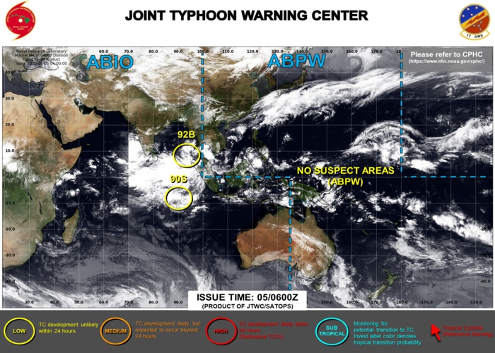 Indian Ocean: 2 Invests monitored: Invest 92B and Invest 90S, 05/06utc