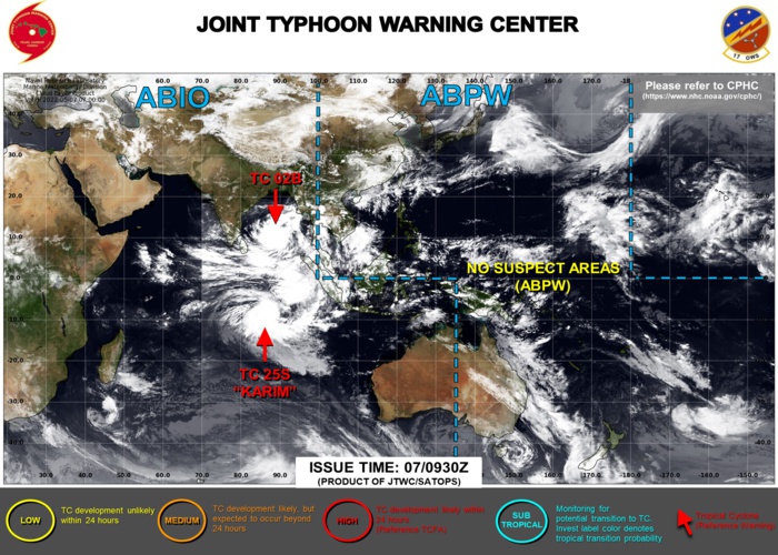 JTWC IS ISSUING 6HOURLY WARNINGS ON TC 02B AND 12HOURLY WARNINGS ON TC 25S(KARIM). 3HOURLY SATELLITE BULLETINS ARE ISSUED ON BOTH SYSTEMS.
