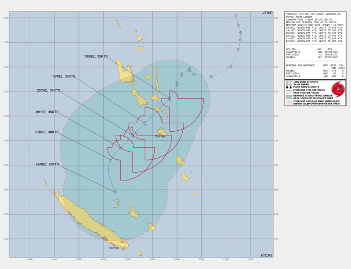 FORECAST REASONING.  SIGNIFICANT FORECAST CHANGES: THERE ARE NO SIGNIFICANT CHANGES TO THE FORECAST FROM THE PREVIOUS WARNING, ALTHOUGH FORECAST LENGTH HAS BEEN SHORTENED TO 72 HOURS.  FORECAST DISCUSSION: DESPITE THE WELL DEFINED SURFACE CIRCULATION, GINA IS STRUGGLING TO OVERCOME THE EFFECTS OF THE MODERATE VERTICAL WIND SHEAR (VWS), AND PASSAGE OVER THE ISLANDS OF VANUATU MAY FURTHER INHIBIT CONVECTIVE ORGANIZATION. MODEL GUIDANCE IS IN GENERALLY GOOD AGREEMENT ON THE SOUTHWESTERLY MOTION, HOWEVER, GFS IS ANALYZING THE INITIAL POSITION TO THE SOUTHEAST, AND CONSEQUENTLY OVER ESTIMATING THE STRENGTH OF THE WIND FIELD WHICH CARRIES OVER INTO A MUCH DEEPER SYSTEM THAN OTHER MODELS SUCH AS ECMWF. INTENSITIES WERE HELD TO 35 KNOTS THROUGH 36H, AS MODERATE VWS PERSISTS. AFTER THAT TIME VWS INCREASES TO 30 KNOTS AND THE MID-LEVEL ENVIRONMENT BECOMES SIGNIFICANTLY DRIER. DISSIPATION AS A TROPICAL CYCLONE IS FORECAST BY 48H. ONE EXTRA POSITION WAS ADDED TO REFLECT THE EXPECTED DEFLECTION OF THE REMNANT TRACK AS IT CURVES TO THE SOUTH AND SOUTHEAST WITH THE LOW LEVEL FLOW. DISSIPATION BEFORE 48H IS A POSSIBILITY IF 20 KNOT VWS PERSISTS. FORECAST REASONING.  SIGNIFICANT FORECAST CHANGES: THERE ARE NO SIGNIFICANT CHANGES TO THE FORECAST FROM THE PREVIOUS WARNING, ALTHOUGH FORECAST LENGTH HAS BEEN SHORTENED TO 72 HOURS.  FORECAST DISCUSSION: DESPITE THE WELL DEFINED SURFACE CIRCULATION, GINA IS STRUGGLING TO OVERCOME THE EFFECTS OF THE MODERATE VERTICAL WIND SHEAR (VWS), AND PASSAGE OVER THE ISLANDS OF VANUATU MAY FURTHER INHIBIT CONVECTIVE ORGANIZATION. MODEL GUIDANCE IS IN GENERALLY GOOD AGREEMENT ON THE SOUTHWESTERLY MOTION, HOWEVER, GFS IS ANALYZING THE INITIAL POSITION TO THE SOUTHEAST, AND CONSEQUENTLY OVER ESTIMATING THE STRENGTH OF THE WIND FIELD WHICH CARRIES OVER INTO A MUCH DEEPER SYSTEM THAN OTHER MODELS SUCH AS ECMWF. INTENSITIES WERE HELD TO 35 KNOTS THROUGH 36H, AS MODERATE VWS PERSISTS. AFTER THAT TIME VWS INCREASES TO 30 KNOTS AND THE MID-LEVEL ENVIRONMENT BECOMES SIGNIFICANTLY DRIER. DISSIPATION AS A TROPICAL CYCLONE IS FORECAST BY 48H. ONE EXTRA POSITION WAS ADDED TO REFLECT THE EXPECTED DEFLECTION OF THE REMNANT TRACK AS IT CURVES TO THE SOUTH AND SOUTHEAST WITH THE LOW LEVEL FLOW. DISSIPATION BEFORE 48H IS A POSSIBILITY IF 20 KNOT VWS PERSISTS.