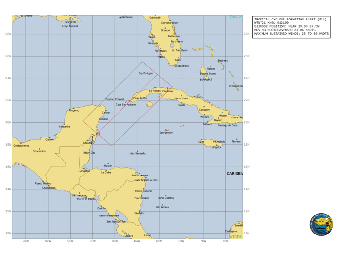 WTNT21 KNGU 012100 SUBJ/TROPICAL CYCLONE FORMATION ALERT (91L)// RMKS/ 1. FORMATION OF A TROPICAL CYCLONE IS POSSIBLE WITHIN 185 KM  EITHER SIDE OF A LINE FROM 19.0N 87.6W TO 24.4N 82.1W WITHIN THE NEXT 24 HOURS. AVAILABLE DATA DOES NOT JUSTIFY ISSUANCE OF NUMBERED TROPICAL CYCLONE WARNINGS AT THIS TIME. WINDS IN THE AREA ARE ESTIMATED TO BE 25 TO 30 KNOTS. METSAT IMAGERY AT 011800Z INDICATES THAT A CIRCULATION CENTER IS LOCATED NEAR 19.0N 87.5W. THE SYSTEM IS MOVING NORTHEASTWARD AT 07 KM/H. 2. THE POTENTIAL FOR THE DEVELOPMENT OF A SIGNIFICANT TROPICAL  CYCLONE WITHIN THE NEXT 24 HOURS IS HIGH. AN ELONGATED (WEST TO  EAST) AREA OF LOW PRESSURE, LOCATED NEAR THE EAST COAST OF THE  YUCATAN PENINSULA, IS PRODUCING A LARGE AREA OF DISORGANIZED  SHOWERS AND THUNDERSTORMS OVER THE NORTHWESTERN CARRIBBEAN SEA AND  THE YUCATAN CHANNEL. SUSTAINED EASTERLY WINDS OF 25-30 KTS RESIDE IN THE NORTHEASTERN PERIPHERY OF THE BROAD SURFACE CIRCULATION. ALTHOUGH STRONG UPPER-LEVEL WINDS ARE FORECAST TO INHIBIT SIGNIFICANT DEVELOPMENT, A TROPICAL DEPRESSION IS LIKELY TO FORM DURING THE NEXT 24 HOURS WHILE IT MOVES NORTHEASTWARD OVER THE YUCATAN CHANNEL AND INTO THE SOUTHEASTERN GULF OF MEXICO. 3.THIS ALERT WILL BE REISSUED, UPGRADED TO WARNING OR CANCELLED BY  022100Z.// WTNT21 KNGU 012100 SUBJ/TROPICAL CYCLONE FORMATION ALERT (91L)// RMKS/ 1. FORMATION OF A TROPICAL CYCLONE IS POSSIBLE WITHIN 185 KM  EITHER SIDE OF A LINE FROM 19.0N 87.6W TO 24.4N 82.1W WITHIN THE NEXT 24 HOURS. AVAILABLE DATA DOES NOT JUSTIFY ISSUANCE OF NUMBERED TROPICAL CYCLONE WARNINGS AT THIS TIME. WINDS IN THE AREA ARE ESTIMATED TO BE 25 TO 30 KNOTS. METSAT IMAGERY AT 011800Z INDICATES THAT A CIRCULATION CENTER IS LOCATED NEAR 19.0N 87.5W. THE SYSTEM IS MOVING NORTHEASTWARD AT 07 KM/H. 2. THE POTENTIAL FOR THE DEVELOPMENT OF A SIGNIFICANT TROPICAL  CYCLONE WITHIN THE NEXT 24 HOURS IS HIGH. AN ELONGATED (WEST TO  EAST) AREA OF LOW PRESSURE, LOCATED NEAR THE EAST COAST OF THE  YUCATAN PENINSULA, IS PRODUCING A LARGE AREA OF DISORGANIZED  SHOWERS AND THUNDERSTORMS OVER THE NORTHWESTERN CARRIBBEAN SEA AND  THE YUCATAN CHANNEL. SUSTAINED EASTERLY WINDS OF 25-30 KTS RESIDE IN THE NORTHEASTERN PERIPHERY OF THE BROAD SURFACE CIRCULATION. ALTHOUGH STRONG UPPER-LEVEL WINDS ARE FORECAST TO INHIBIT SIGNIFICANT DEVELOPMENT, A TROPICAL DEPRESSION IS LIKELY TO FORM DURING THE NEXT 24 HOURS WHILE IT MOVES NORTHEASTWARD OVER THE YUCATAN CHANNEL AND INTO THE SOUTHEASTERN GULF OF MEXICO. 3.THIS ALERT WILL BE REISSUED, UPGRADED TO WARNING OR CANCELLED BY  022100Z.//