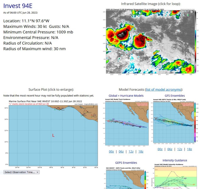 ZCZC MIATWOEP ALL TTAA00 KNHC DDHHMM  Tropical Weather Outlook NWS National Hurricane Center Miami FL 1100 PM PDT Mon Jun 27 2022  For the eastern North Pacific...east of 140 degrees west longitude:  Active Systems:  The National Hurricane Center is issuing advisories on Tropical  Storm Celia, located several hundred miles west-southwest of the  southern tip of the Baja California Peninsula.  1. Offshore of Southern Mexico: A small but well-defined area of low pressure located a few hundred  miles offshore of the coast of southern Mexico continues to produce  disorganized shower and thunderstorm activity mainly north and west  of the center. Environmental conditions are forecast to become more  conducive for gradual development during the next few days, and  a tropical depression could form by this weekend while the system  moves westward to west-northwestward at 10 to 15 mph.  * Formation chance through 48 hours...low...30 percent. * Formation chance through 5 days...medium...40 percent.  Forecaster Papin